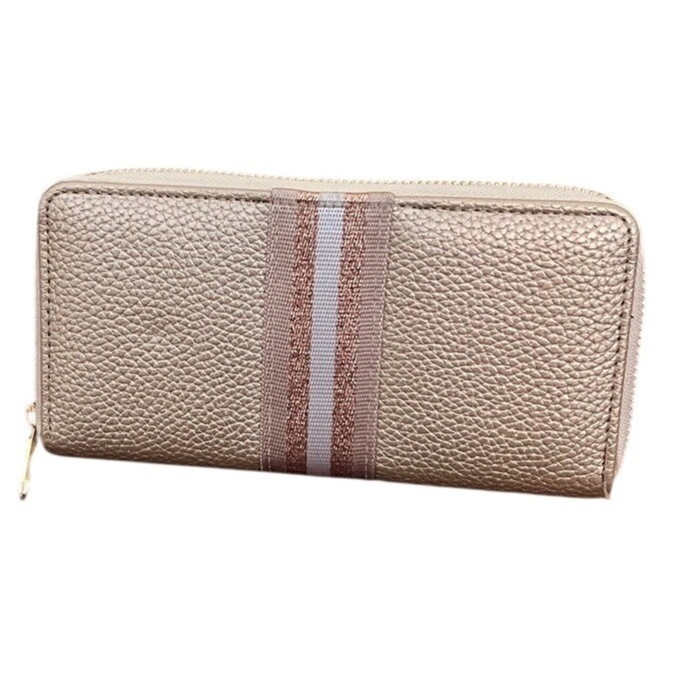 Champagne Gold Pebbled Vegan Leather Zip Around Continental Wallet Web Stripe